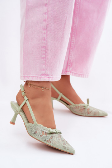 Čipkované sandále Dámske Zapnuté obcasie so stuhami zelená farba Máribelle 2