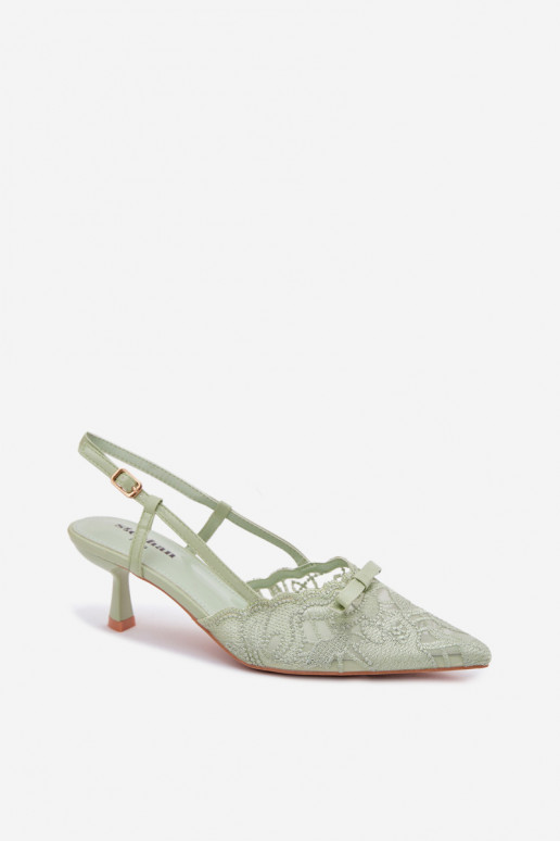 Čipkované sandále Dámske Zapnuté obcasie so stuhami zelená farba Máribelle