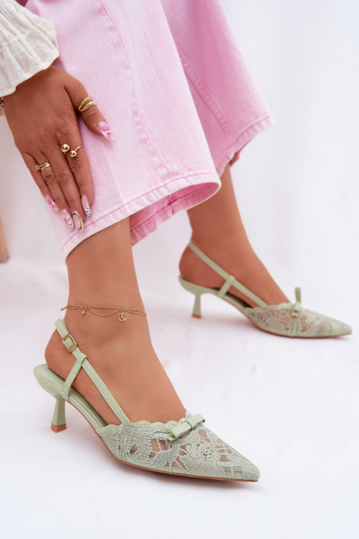 Čipkované sandále Dámske Zapnuté obcasie so stuhami zelená farba Máribelle