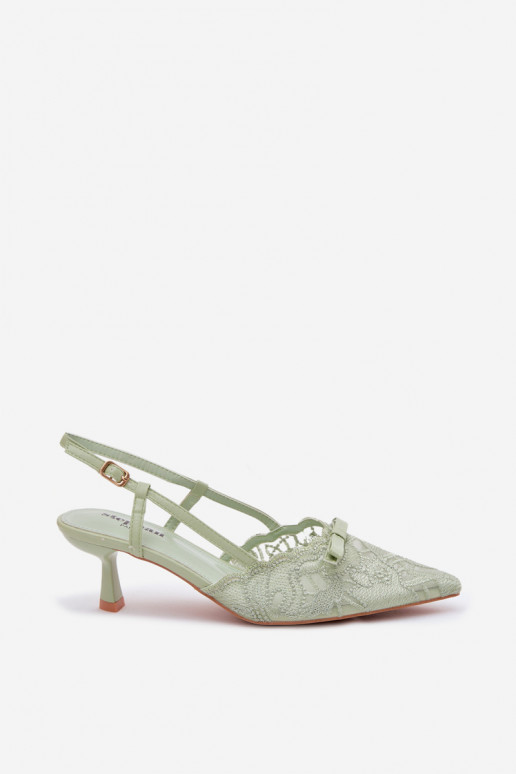Čipkované sandále Dámske Zapnuté obcasie so stuhami zelená farba Máribelle