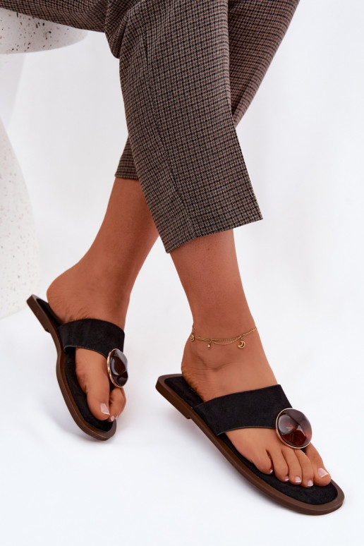 rovná sa Papuče Plážové šľapky Dámske s ozdobami z eko semišuoIne čierna Selvessa