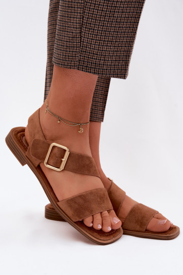 Dámske sandále so širokými podpätkami so zlatými prackami Hnedá farba Verissea 2