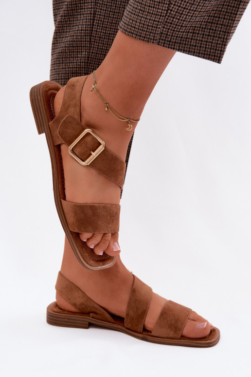 Dámske sandále so širokými podpätkami so zlatými prackami Hnedá farba Verissea