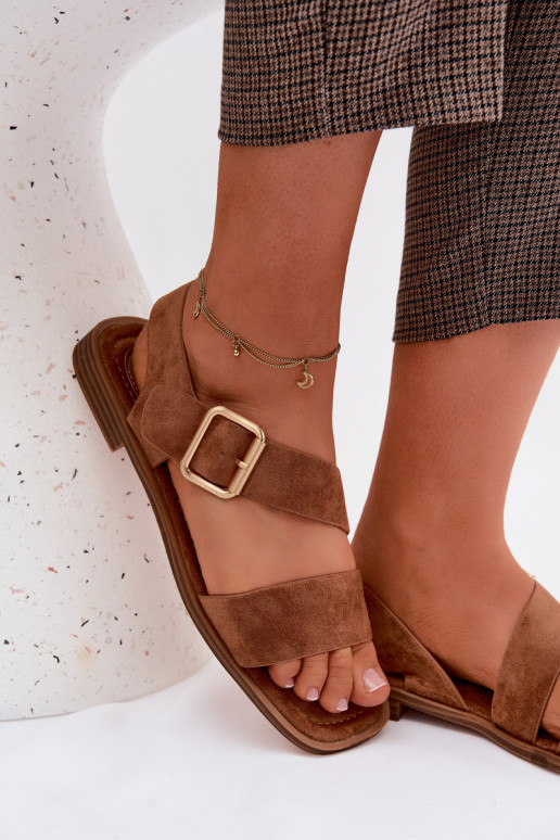 Dámske sandále so širokými podpätkami so zlatými prackami Hnedá farba Verissea