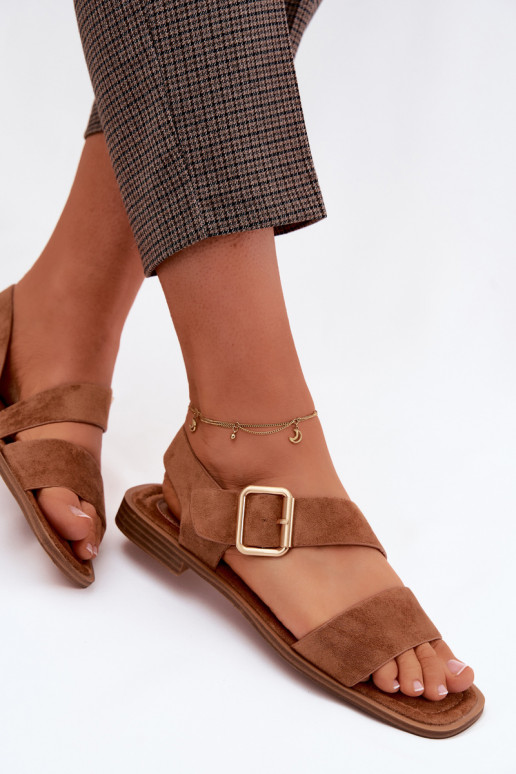 Dámske sandále so širokými podpätkami so zlatými prackami Hnedá farba Verissea