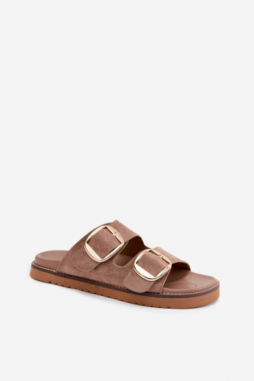 Zlaté dámske šľapky s faux zamšovými sponami v khaki Averia