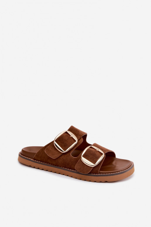 Dámske papučeImitacji zo semišuu zlatej farby s prackami Hnedá farba Averia