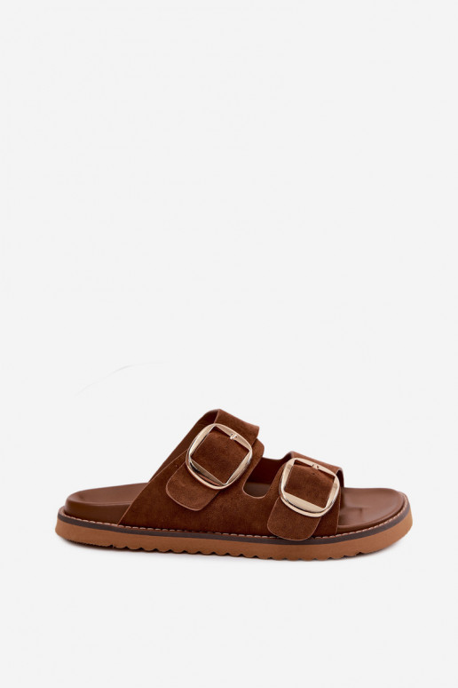 Dámske papučeImitacji zo semišuu zlatej farby s prackami Hnedá farba Averia