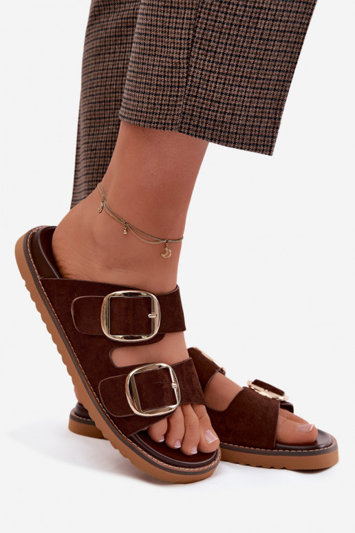 Dámske papučeImitacji zo semišuu zlatej farby s prackami CzekoladoIne Averia