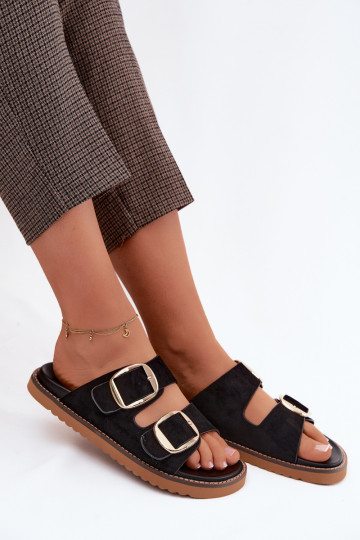 Dámske papučeImitacji zo semišuu zlatej farby s prackami čierna Averia