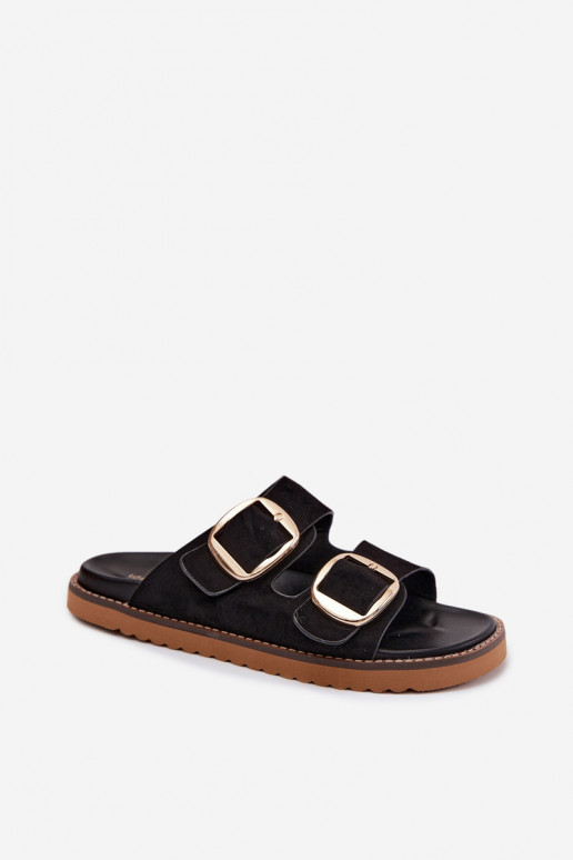 Dámske papučeImitacji zo semišuu zlatej farby s prackami čierna Averia