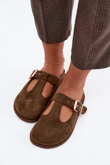 Dámske papuče MuleImitacji zo semišuu khaki farby Melvia