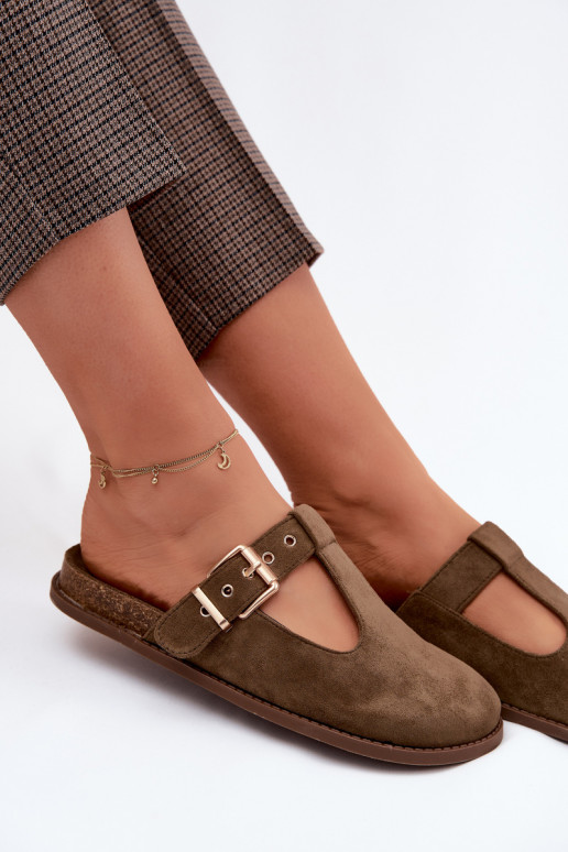 Dámske papuče MuleImitacji zo semišuu khaki farby Melvia