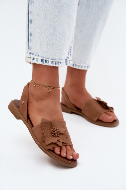 Kožené Semišové sandále so širokými podpätkami S Ornatem Kvet Zazoo 407471 Hnedá farba