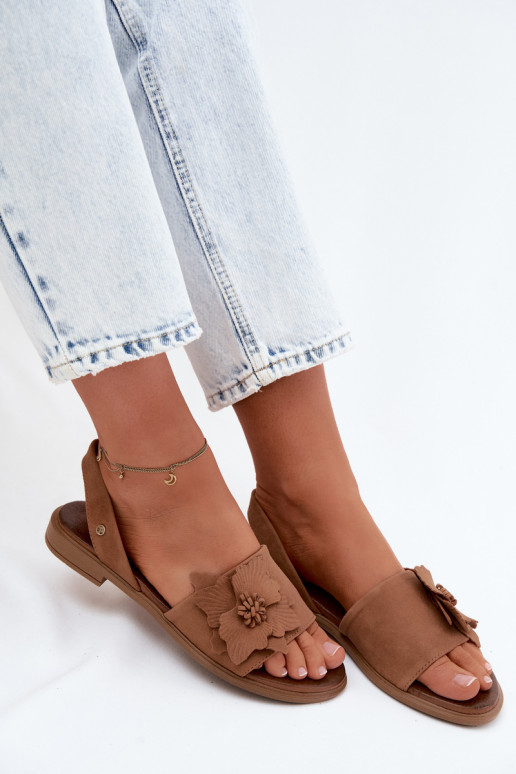 Kožené Semišové sandále so širokými podpätkami S Ornatem Kvet Zazoo 407471 Hnedá farba