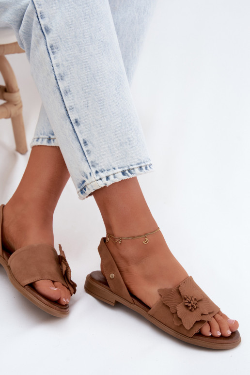 Kožené Semišové sandále so širokými podpätkami S Ornatem Kvet Zazoo 407471 Hnedá farba