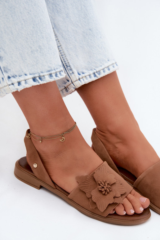 Kožené Semišové sandále so širokými podpätkami S Ornatem Kvet Zazoo 407471 Hnedá farba