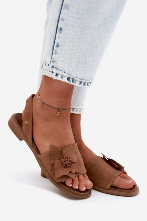 Kožené Semišové sandále so širokými podpätkami S Ornatem Kvet Zazoo 407471 Hnedá farba