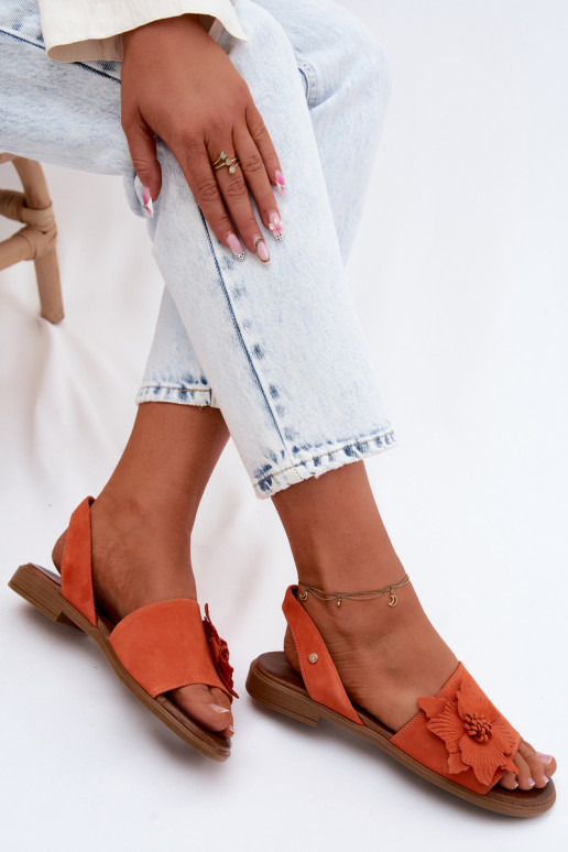 Kožené Semišové sandále so širokými podpätkami S Ornatem Kvet Zazoo 407471 oranžová