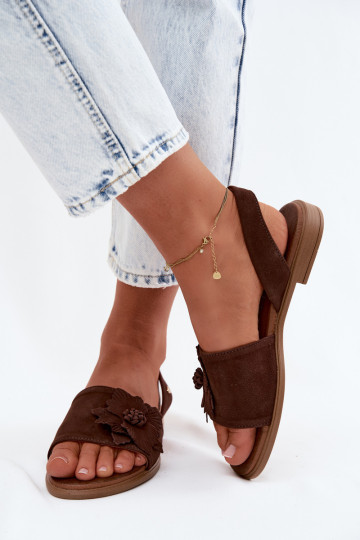 Kožené Semišové sandále so širokými podpätkami S Ornatem Kvet Zazoo 407471 CzekoladoIne 2