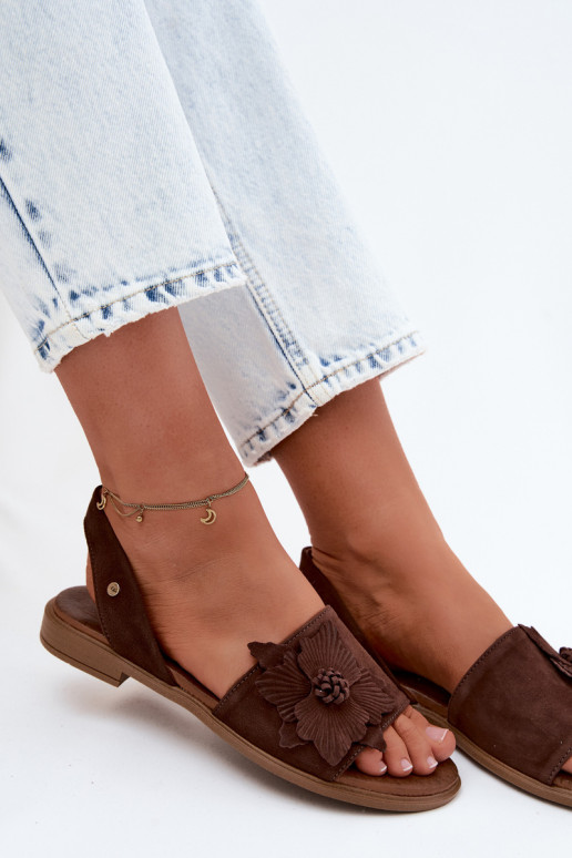 Kožené Semišové sandále so širokými podpätkami S Ornatem Kvet Zazoo 407471 CzekoladoIne