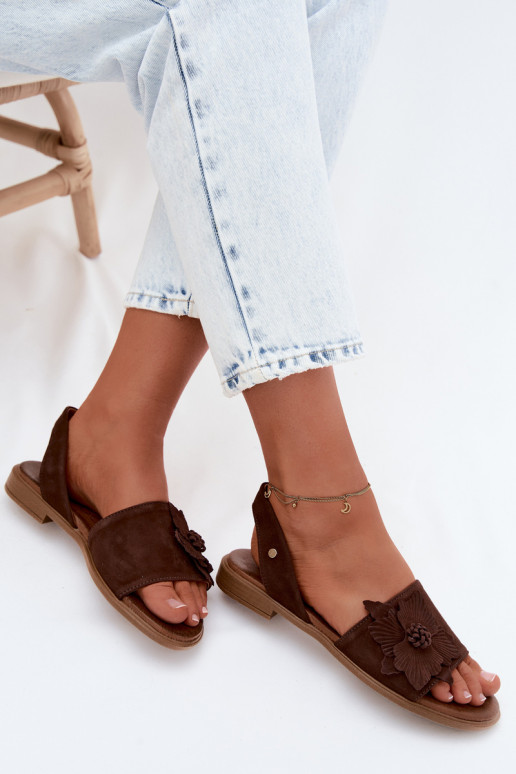 Kožené Semišové sandále so širokými podpätkami S Ornatem Kvet Zazoo 407471 CzekoladoIne