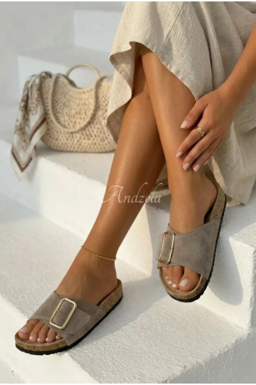 Kožené Dámske semišové papuče s prackami béžová Beryl