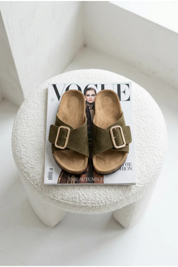 Dámske šľapky z umelej semišovej kože so sponami v khaki farbe Beryl