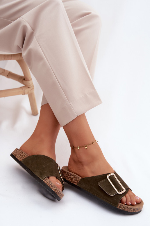 Kožené Dámske semišové papuče s prackami khaki farby Beryl