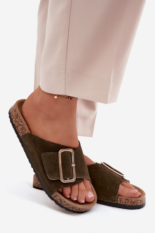 Kožené Dámske semišové papuče s prackami khaki farby Beryl