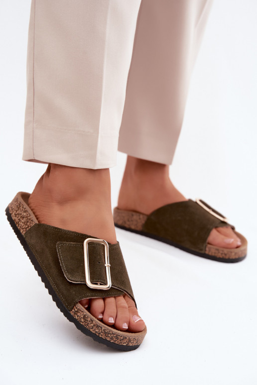 Kožené Dámske semišové papuče s prackami khaki farby Beryl