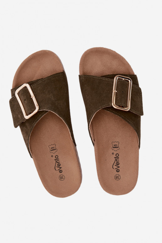 Kožené Dámske semišové papuče s prackami khaki farby Beryl