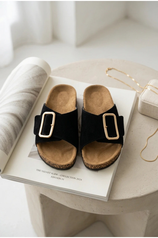 Kožené Dámske semišové papuče s prackami čierna Beryl