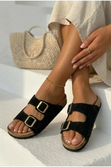 semišové papuče Zapnuté korkovej podrážke s prackami čierna Tavira