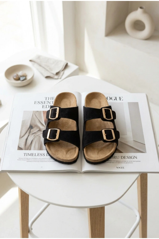 semišové papuče Zapnuté korkovej podrážke s prackami čierna Tavira