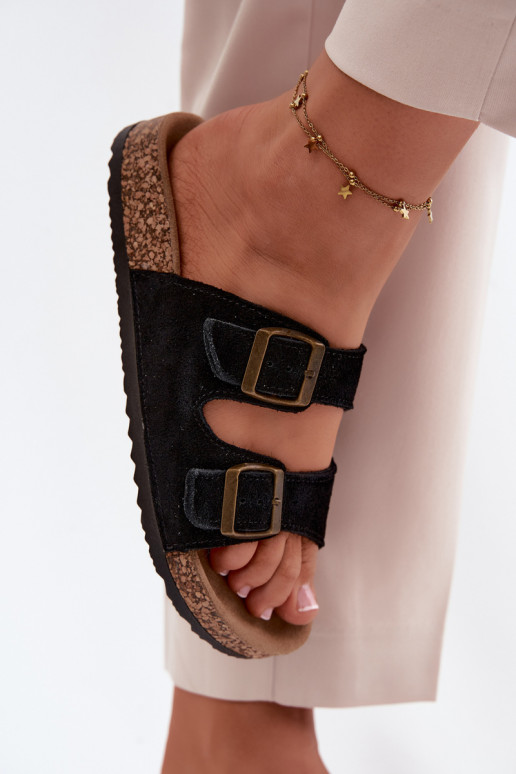 semišové papuče Zapnuté korkovej podrážke s prackami čierna Tavira