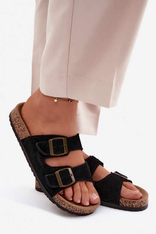 semišové papuče Zapnuté korkovej podrážke s prackami čierna Tavira