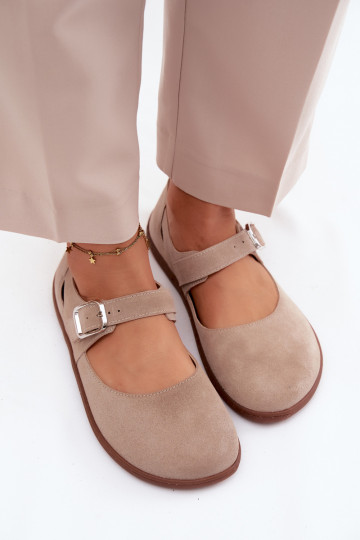Kožené Semišové balerínky Barefoot s popruhmi Zazoo N1319 béžová