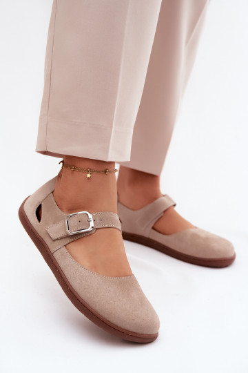 Kožené Semišové balerínky Barefoot s popruhmi Zazoo N1319 béžová 2