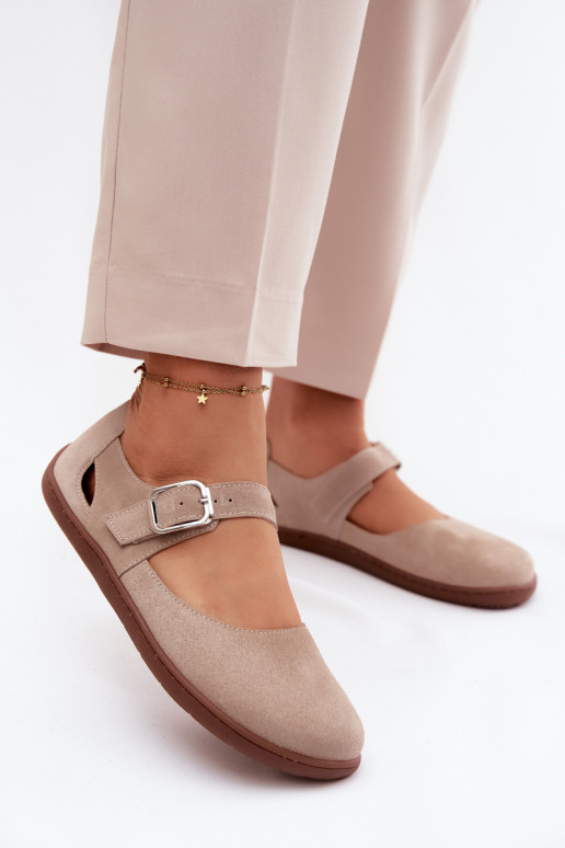 Kožené Semišové balerínky Barefoot s popruhmi Zazoo N1319 béžová