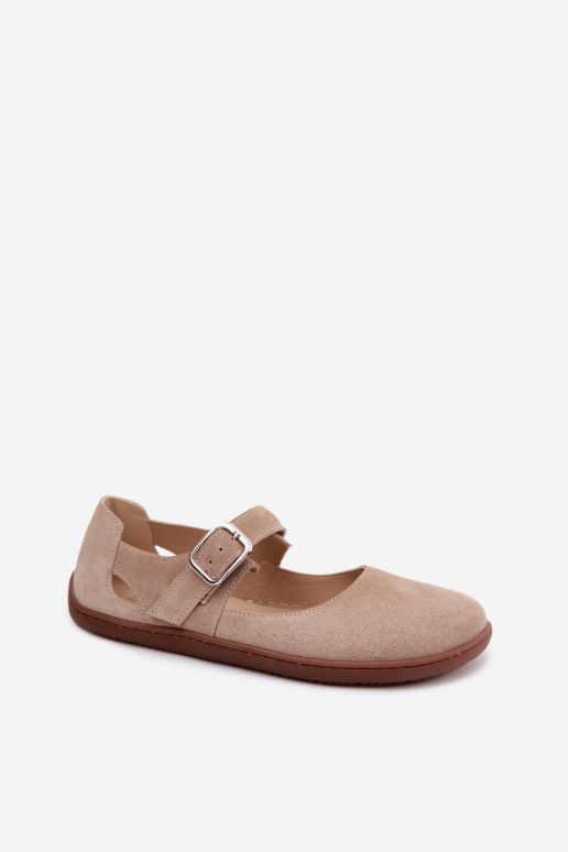 Kožené Semišové balerínky Barefoot s popruhmi Zazoo N1319 béžová