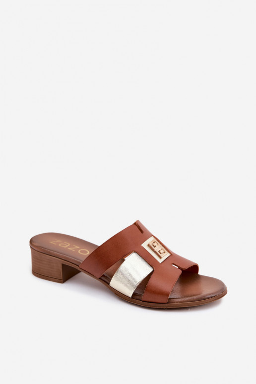 Kožené papuče Dámske s podpätkami Zazoo 40517 Hnedá farba