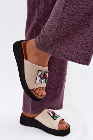 Kožené Dámske semišové papuče s ozdobami s platformou Vinceza 66942 béžová