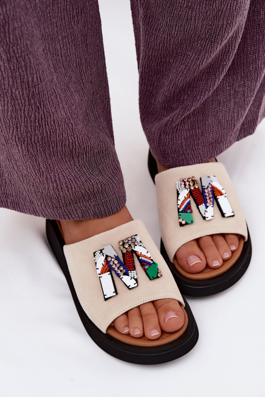 Kožené Dámske semišové papuče s ozdobami s platformou Vinceza 66942 béžová