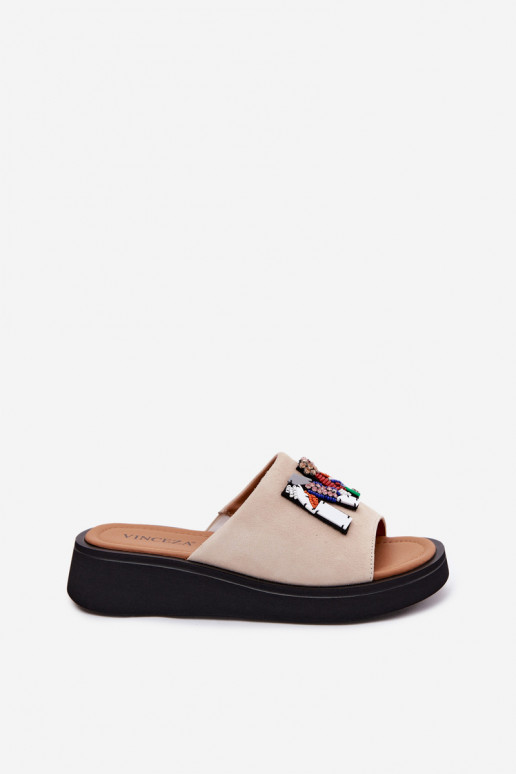 Kožené Dámske semišové papuče s ozdobami s platformou Vinceza 66942 béžová