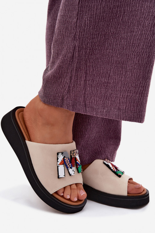 Kožené Dámske semišové papuče s ozdobami s platformou Vinceza 66942 béžová