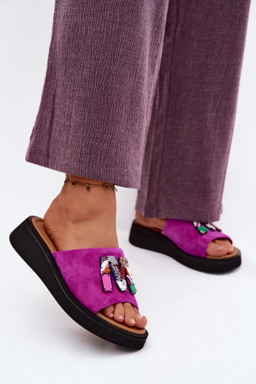 Kožené Dámske semišové papuče s ozdobami s platformou Vinceza 66942 Ružová