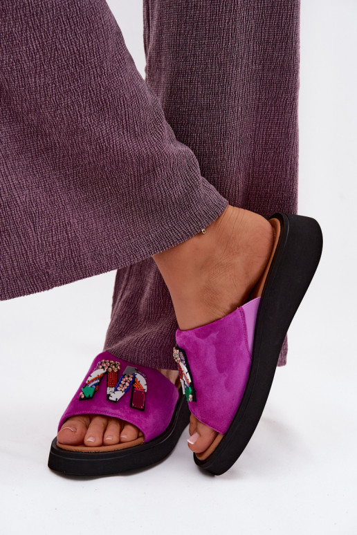 Kožené Dámske semišové papuče s ozdobami s platformou Vinceza 66942 Ružová