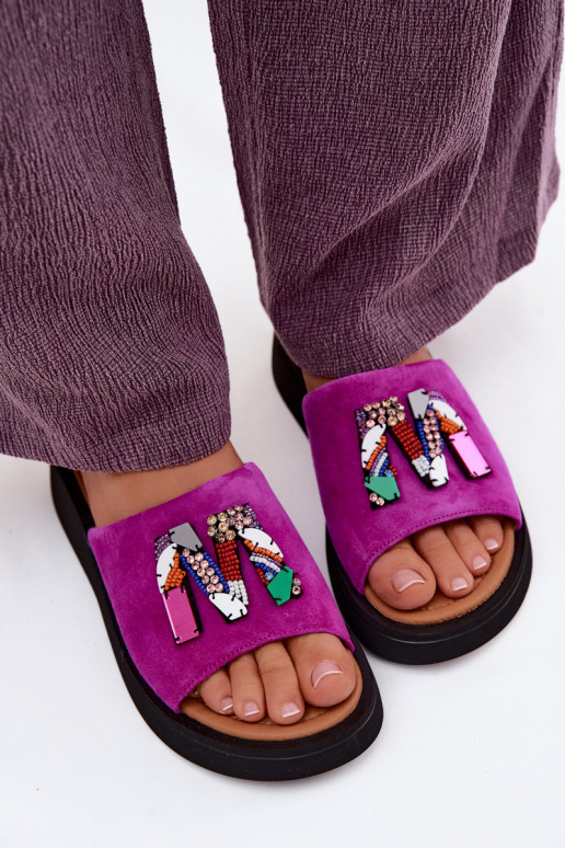 Kožené Dámske semišové papuče s ozdobami s platformou Vinceza 66942 Ružová