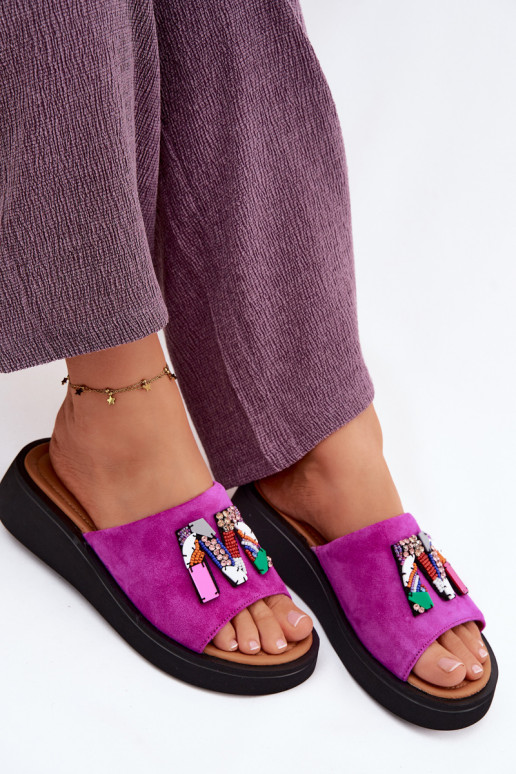 Kožené Dámske semišové papuče s ozdobami s platformou Vinceza 66942 Ružová